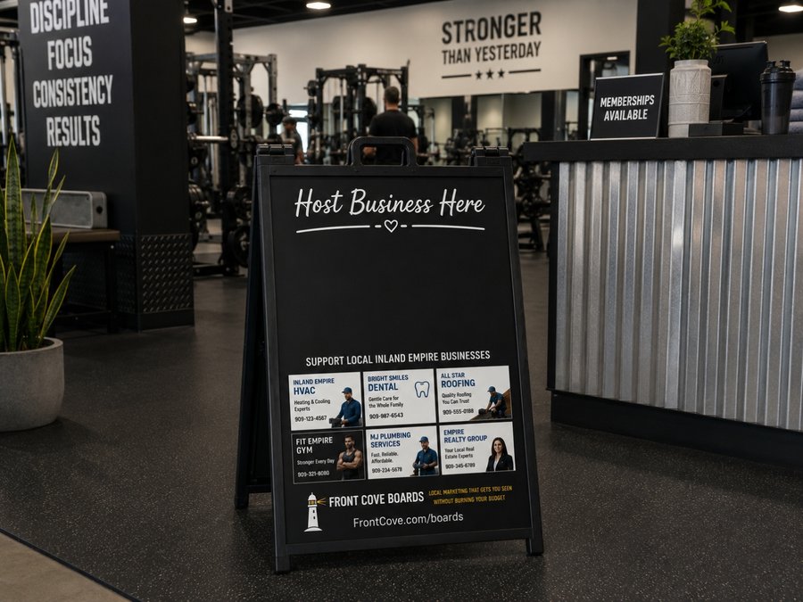 FrontCove specials board placed near the front desk of a gym